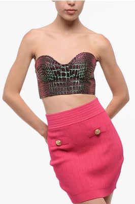 Trägerloses Crop-Top mit Tiermuster und schillerndem Effekt in Mehrfarbig