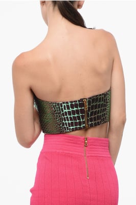 Trägerloses Crop-Top mit Tiermuster und schillerndem Effekt in Mehrfarbig