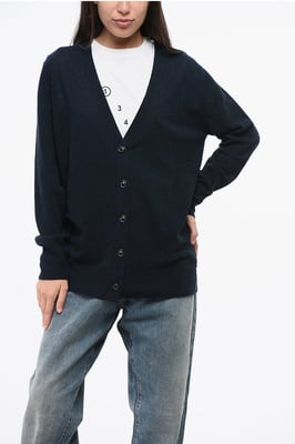 Einfarbige Strickjacke aus Wolle und Nylon mit V-Ausschnitt in Blau