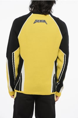 Wollmischung-Farbblockpullover mit halbem Reißverschluss in Giallo, Bianco e Nero