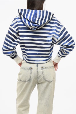 Zweifarbig gestreifter Cropped Hoodie mit Herz-Print in Bianco, Blu
