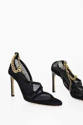 Netzsandalen mit goldfarbenem Kettenverschluss in Nero, Oro