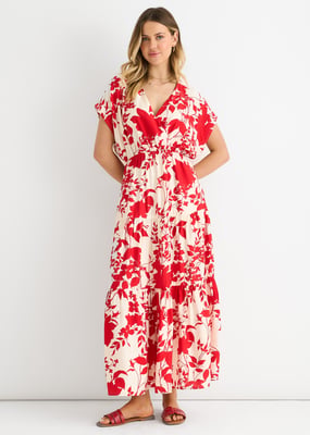 Rotes Maxikleid mit Blumenmuster und elastischem Bund