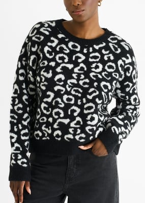 Schwarzer Strickpullover mit Tiermuster und lockerer Passform
