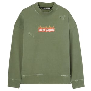 Palm Angels - Burning Logo - Rundhalspullover In Militärgrün