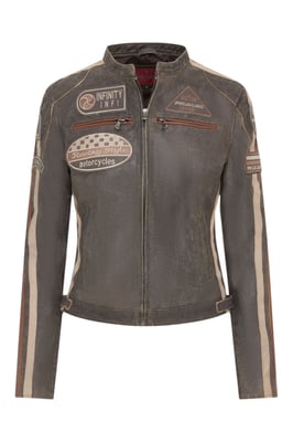 Damen Vintage Hellbraune Leder Biker Racing Badges Jacke-Agadir