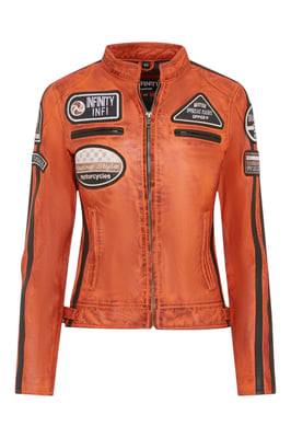 Orangefarbene Biker-Rennjacke aus Leder für Damen, Agadir