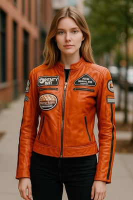 Damen Orange Biker Racing Badges Lederjacke-Eastleigh