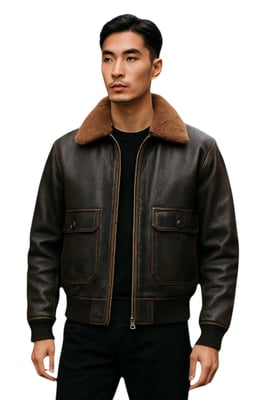 Herren-Bomberjacke aus braunem Leder mit Schaffellkragen, G-1-Pilotenjacke – Naracoorte
