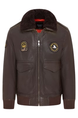 Herren-Bomberjacke aus braunem Leder mit Schaffellkragen G-1 – Linear