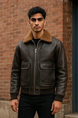Herren-Bomberjacke aus braunem Leder mit Schaffellkragen G-1 Pilotenjacke - Harbor