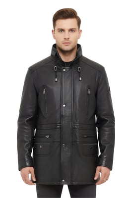 Herren Parka aus weichem italienischem Leder, Schwarz, Gatton