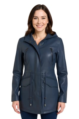 Blaue Damen-Parkajacke aus Leder mit Kapuze – Cairns