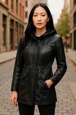 Schwarze Parkajacke aus Leder mit Kapuze für Damen – Clare