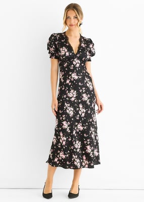 Schwarzes Midikleid mit floralem Spitzenbesatz und Bias