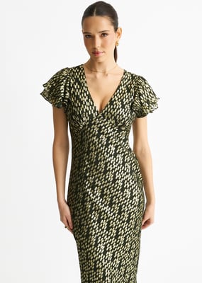 Dunkelgrünes Viskose-Clip-Gold-Jacquard-Maxikleid mit schrägem Schnitt
