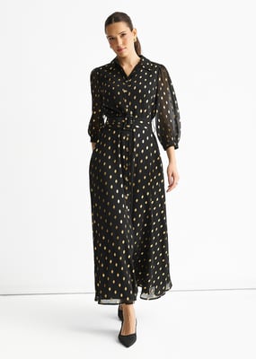 Schwarzes Chiffon-Foliengürtel-Maxi-Hemdkleid