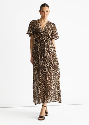 Braunes Chiffon-Tier-Lurex-Streifen-Wickel-Midikleid