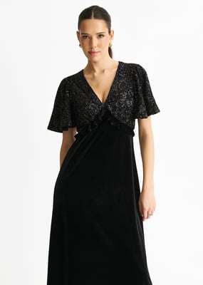 Schwarzes Pailletten-Top Premium Velvet Occasion Midikleid