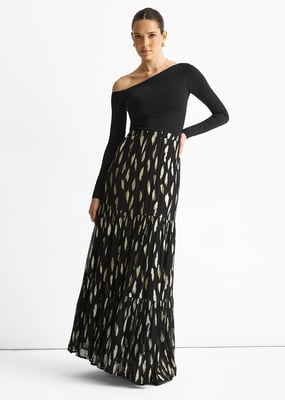 Schwarzer gestufter Jacquard-Maxirock mit Clip