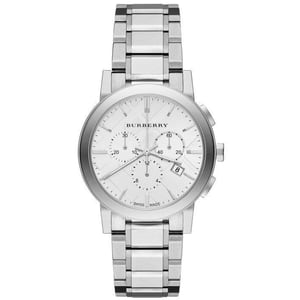 Burberry Damenuhr BU9750 City Chronograph mit silbernem Zifferblatt und Edelstahlband