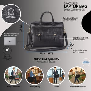 Echtes Leder Laptop Schwarz Satchel Messenger Crossbody Schultertasche - Belmont