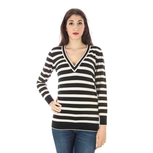 Gestreifter V-Ausschnitt Merinowollpullover