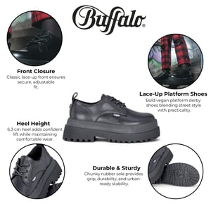 Buffalo Damen-Derbyschuhe, schwarz, mit Schnürung und Plateau – Pluto