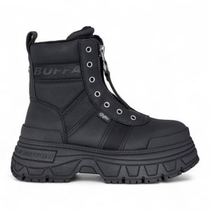 Buffalo Damen Schwarze Chunky Plateau-Kampfstiefel mit Frontreißverschluss - Fusion