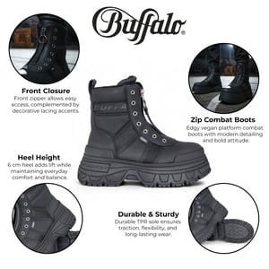 Buffalo Damen Schwarze Chunky Plateau-Kampfstiefel mit Frontreißverschluss - Fusion