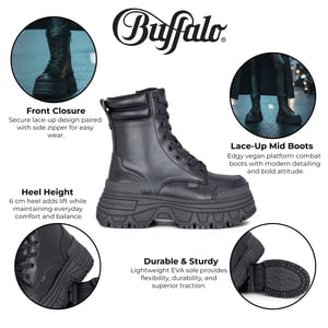 Buffalo Damen Schwarze Chunky Plateau-Schnürstiefel, mittelhoch - Fusion
