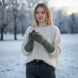 Lange olivgrüne Winterhandschuhe aus italienischem Leder mit weichem Wollfutter