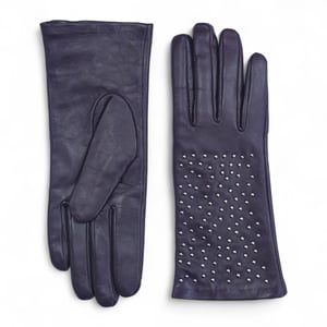 Lila italienische Leder-Fahrhandschuhe für Damen mit weichem Wollfutter, Winterdesign und Nietenbesatz