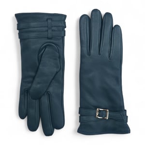 Damen-Winter-Fahrhandschuhe aus türkisgrünem italienischem Leder mit weichem Wollfutter und Schnalle