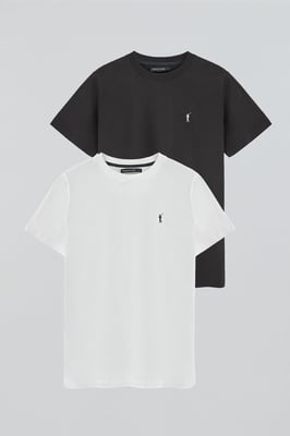 Zweierpack Herren-T-Shirts schwarz und weiß mit Rundhalsausschnitt und gesticktem Rigby Go-Logo