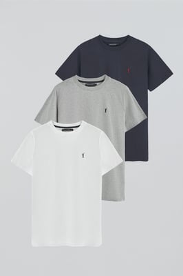Dreierpack Herren-T-Shirts marineblau, weiß und grau meliert mit Rundhalsausschnitt und gesticktem Rigby Go-Logo