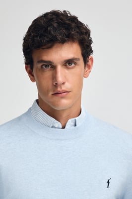 Zweierpack Herrenpullover marineblau und hellblau meliert aus Wollgemisch mit gesticktem Rigby Go-Logo