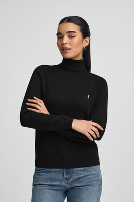 Rollkragenpullover schwarz aus Wollgemisch mit gesticktem Rigby Go-Logo