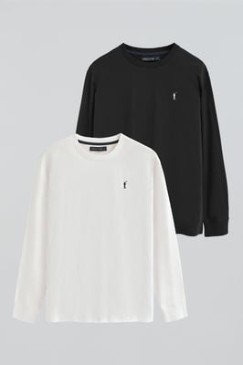 Zweierpack Herren-T-Shirts weiß und schwarz mit langen Ärmeln und gesticktem Rigby Go-Logo