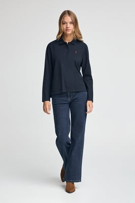 Poloshirt dunkelblau mit langen Ärmeln, Drei-Knopf-Kragen und gesticktem Rigby Go-Logo