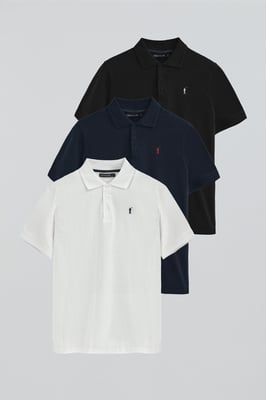 Dreierpack Herren-Poloshirts marineblau, weiß und schwarz aus Pikee mit gesticktem Rigby Go-Logo