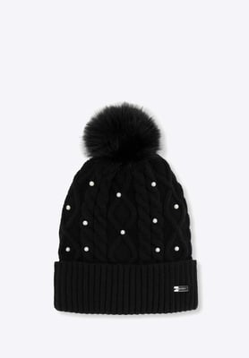 Wittchen Damenhut mit Bommel und Perlen, schwarze Viskose