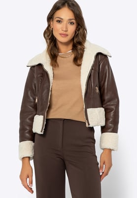 Wittchen Damen kurze braune Kunstlederjacke mit Pelzbesatz