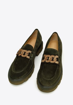 Wittchen Damen-Loafer aus Wildleder mit Zierkette auf Plateau, dunkelgrün
