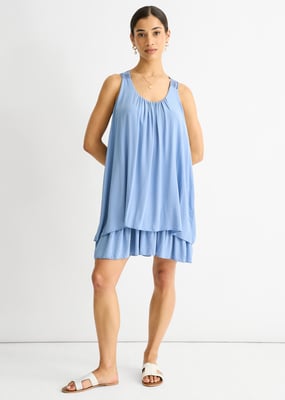 Doppellagiges Baumwoll-Minikleid aus Denim mit Häkelmuster