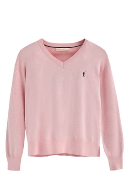 Pullover rosa meliert aus Wollgemisch mit V-Ausschnitt mit gesticktem Rigby Go-Logo