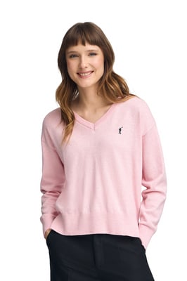Pullover rosa meliert aus Wollgemisch mit V-Ausschnitt mit gesticktem Rigby Go-Logo