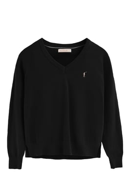 Pullover schwarz aus Wollgemisch mit V-Ausschnitt und gesticktem Rigby Go-Logo