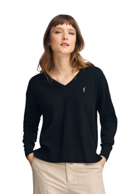 Pullover schwarz aus Wollgemisch mit V-Ausschnitt und gesticktem Rigby Go-Logo
