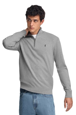 Pullover grau meliert aus Wollgemisch mit halbem Reißverschluss und gesticktem Rigby Go-Logo